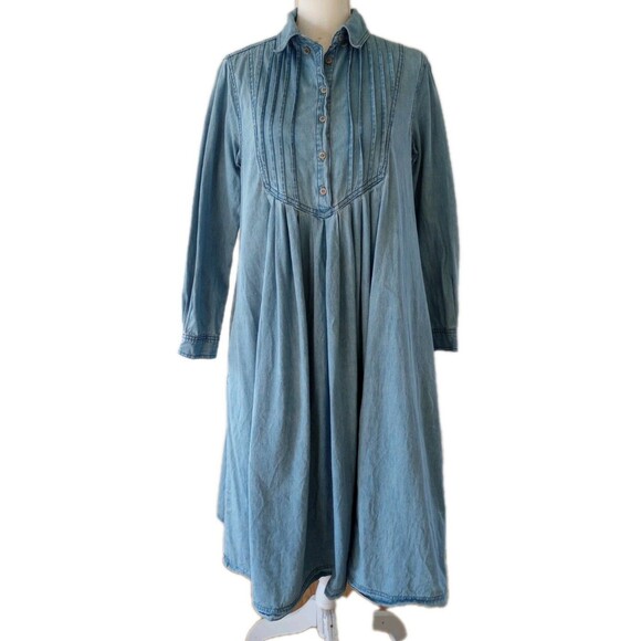 April Cornell Dress Small Denim Pintuck Prairie Boho Peasant Cottage Pockets - Picture 1 of 9
